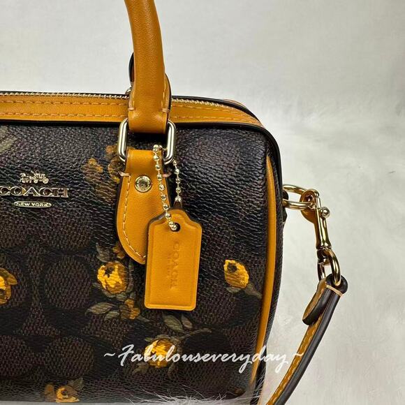 Coach Mini Rowan Crossbody Bag Sig Canvas With Floral Print CCF31 Walnut/Yellow - Picture 6 of 9